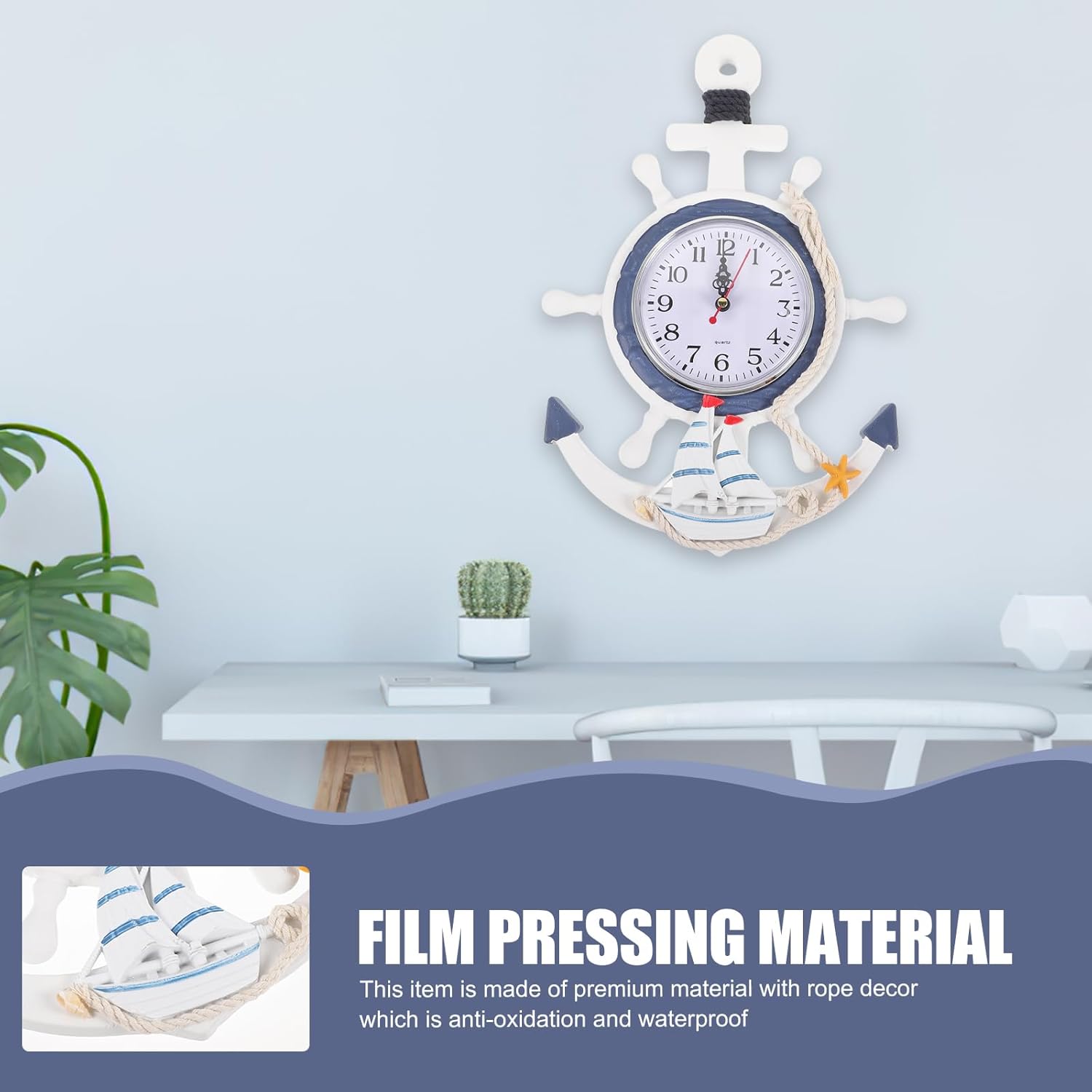 IMIKEYA Mediterranean Style Anchor Clock, Outdoor ClocksNautical Anchor Ship Steering Wheel Fishing Net Wall Clock for Beach Sea Theme Decor Secondary image