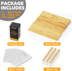 Bamboo Spice Drawer Organizer with 24 Spice Jars, 378 White Minimalist Spice Labels, 3 Tier Seasoning Rack Tray Insert for Kitchen Drawers, 15" Wide x 15" Deep x 2.6" Tall