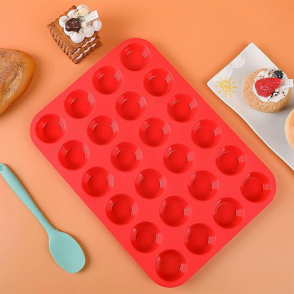 3 PCS Mini Muffin Tray 24 Cups, Silicone Muffins Pan Non-Stick Mini Cupcake Tray Reusable Muffin Baking Tray - 34 x 23 x 2.5cm - Red