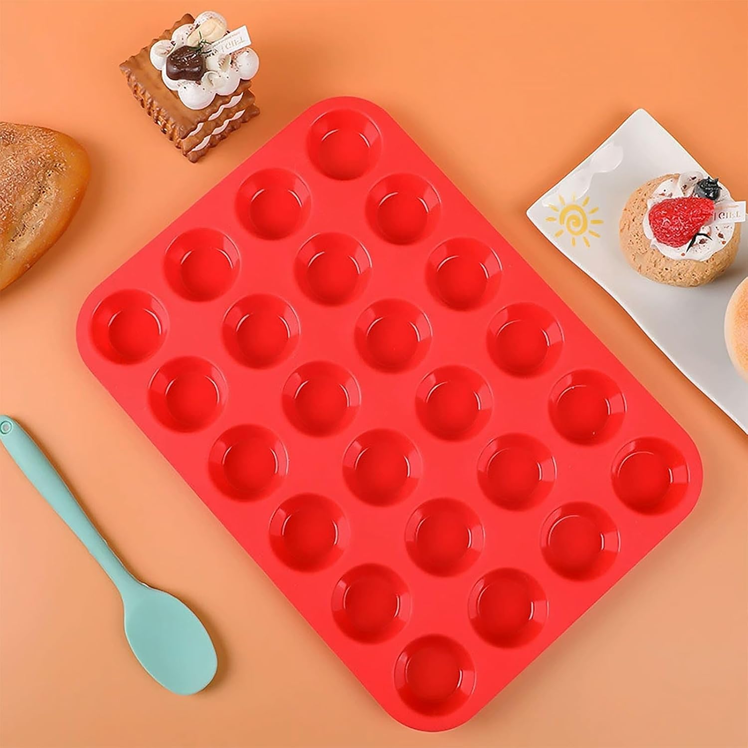 3 PCS Mini Muffin Tray 24 Cups, Silicone Muffins Pan Non-Stick Mini Cupcake Tray Reusable Muffin Baking Tray - 34 x 23 x 2.5cm - Red