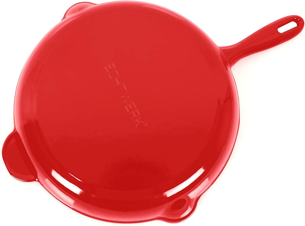 ECHTWERK Cast Iron Frying Pan with Enamel Coating, Oven Pan with Two Handles and Spout, Suitable for Ovens, Grills, BBQ and Induction Hobs, Diameter 26.5 cm, Red
