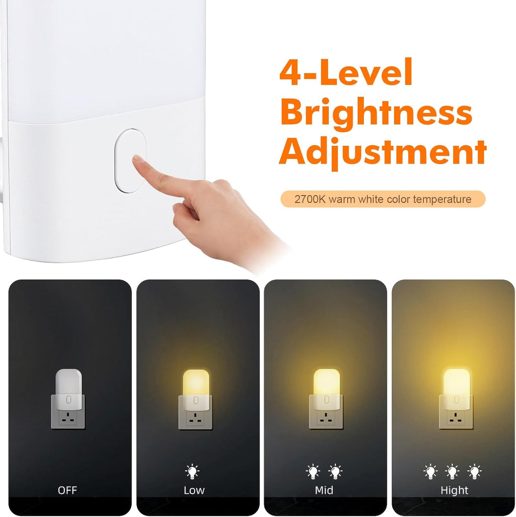 GD103UK-1 Night Light Plug in Wall with Dusk to Dawn Photocell Sensor, 4 Levels Brightness Adjustable, Night Light Kids for Children's Room, Hallway, Bedrooms, Garage, Warm White