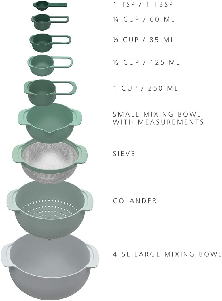 Joseph Joseph Nest 9 Plus, 9 Piece Compact Food Preparation Set with Mixing Bowls, Measuring cups, Sieve and Colander, Editions Range, Sage Green Secondary image