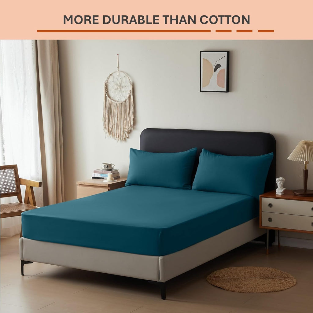 Anti-Allergy Anti-Bacterial Brushed Microfibre Polyester Fitted Bed Sheet - 28cm Depth, Easy Care, Fade Resistant (Teal, 4ft Small Double)