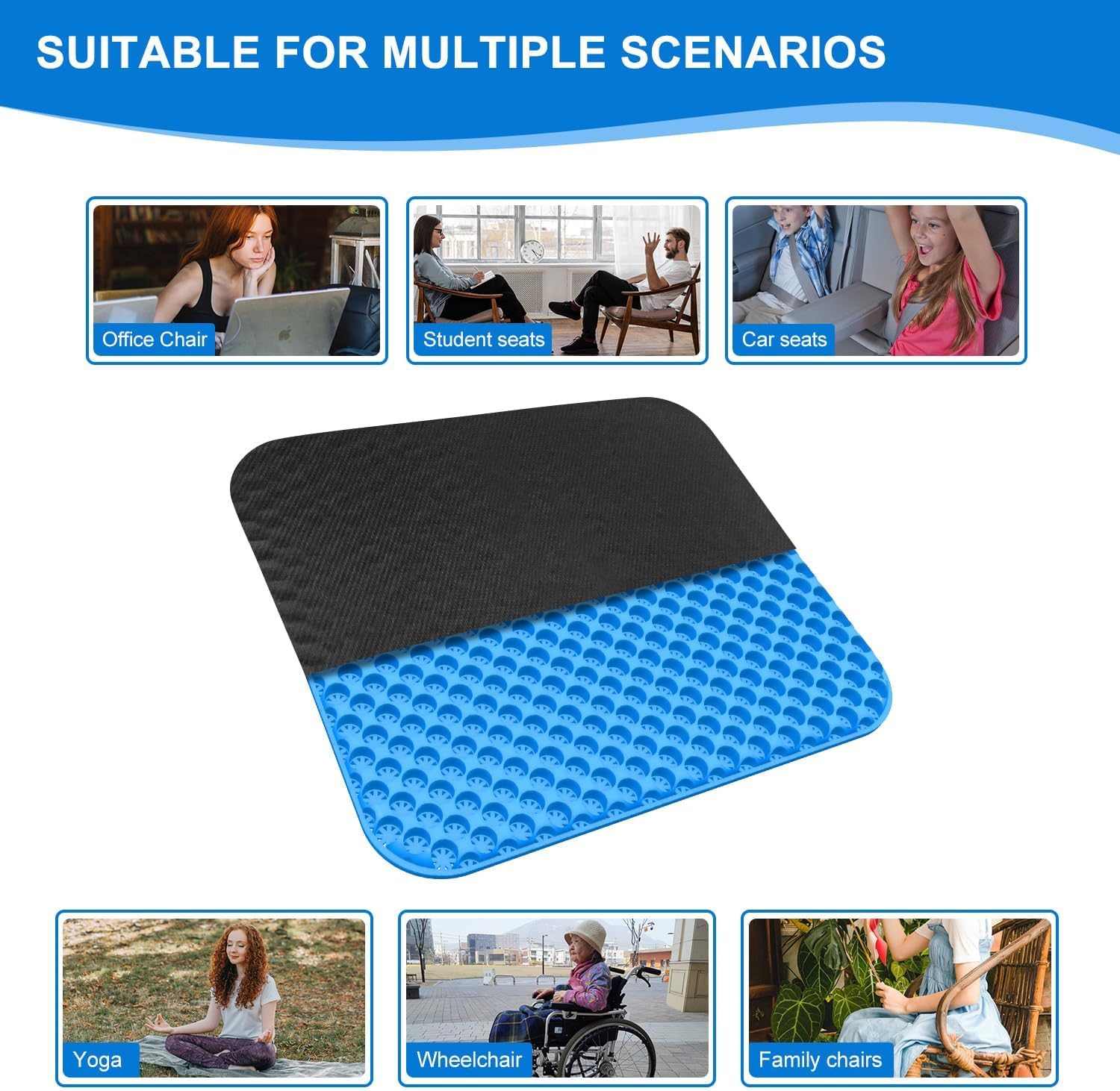 TOEVE Large Gel Seat Cushion For Long Sitting With Non-Slip Covers,Soft & Breathable For Chair,Gaming,Car,Office,Desk Chair and Wheelchair,Office Pads (45 x 45cm-Grey) (40 x 35 x 2.5 cm-Blue)