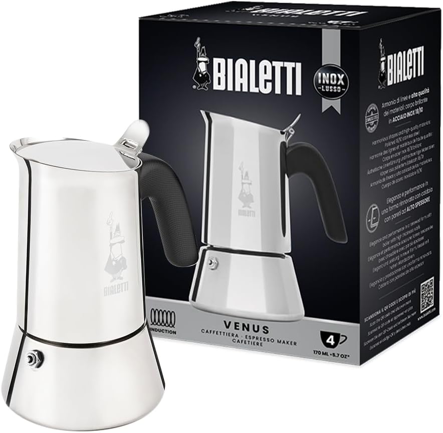 Bialetti New Venus Caffettiera in Acciaio Inox, Adatta all'Induzione, Argento, 4 Tazze,Silver