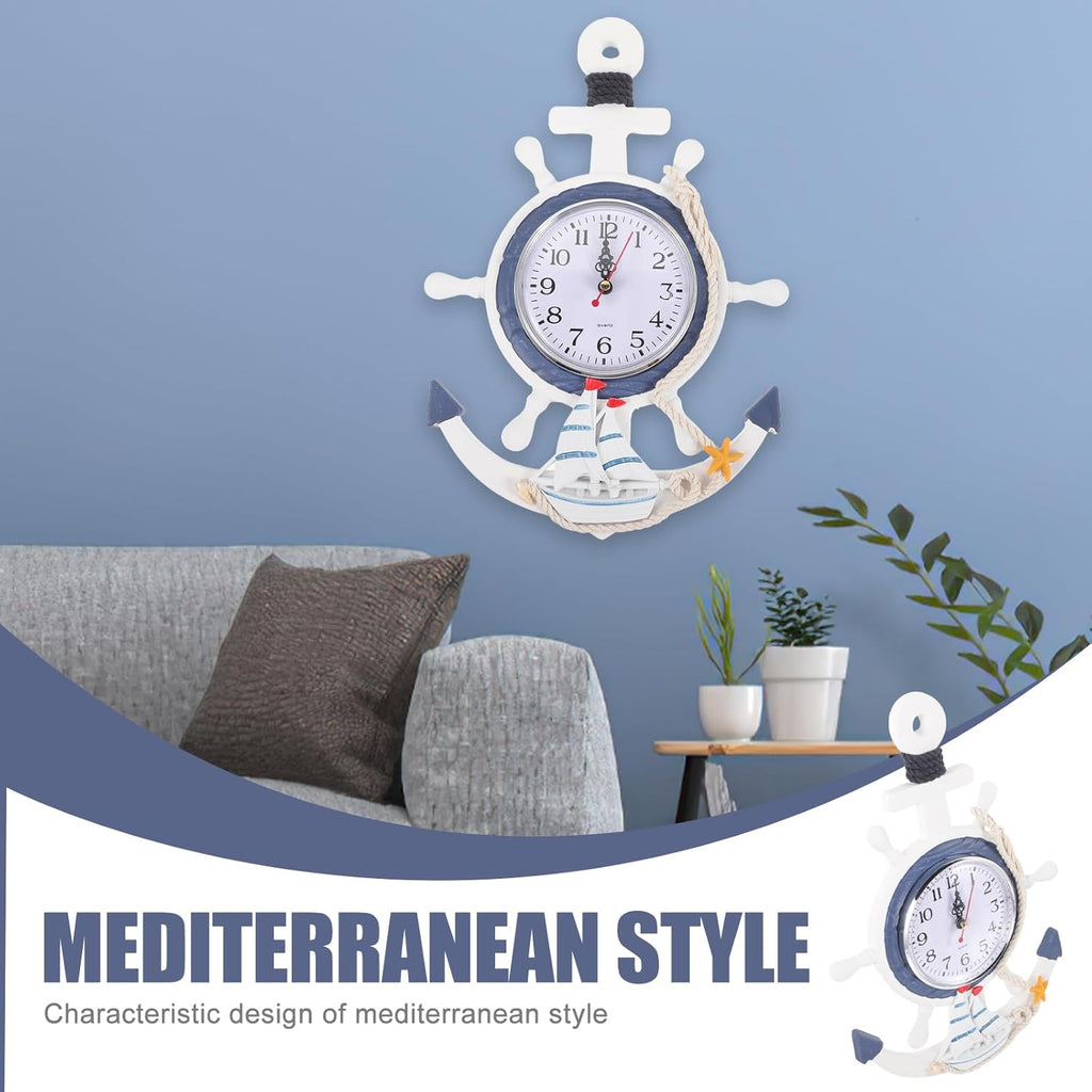 IMIKEYA Mediterranean Style Anchor Clock, Outdoor ClocksNautical Anchor Ship Steering Wheel Fishing Net Wall Clock for Beach Sea Theme Decor