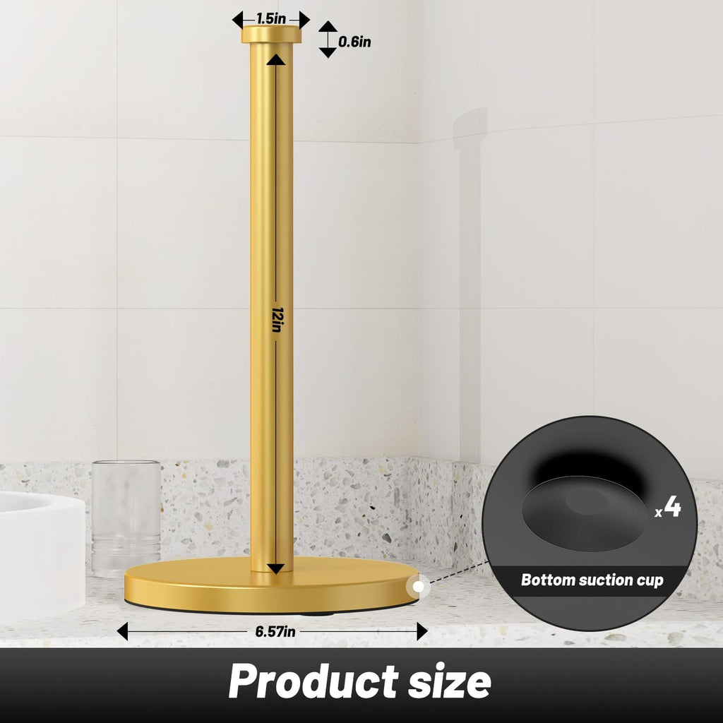 Gold Kitchen Roll Holder, Free Standing Paper Towel Holder with Suction Cups, Kitchen Towel Holders for Standard and Large Rolls, Suit for Kitchen, Dining Room,Bathroom