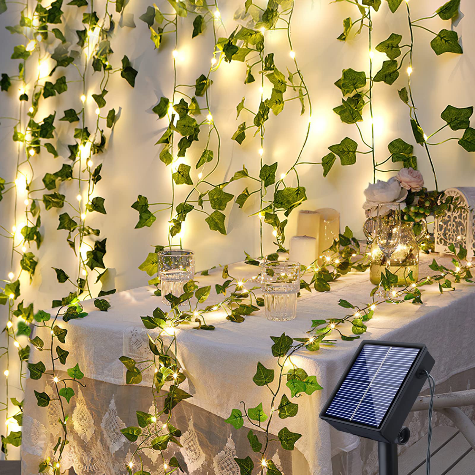 Fohil Solar String Lights Outdoor 100LED 12M Garland Fairy Lights Artificial Ivy Leaves 8 Modes LED Ivy Vine String Light Waterproof Decoration for Garden Balcony Wedding Party Christmas Room Decor