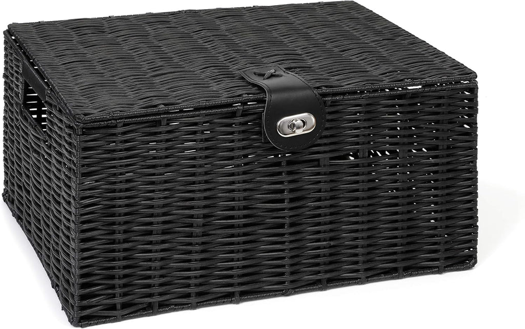 Large Resin Woven Storage Basket Box With Lid & Lock - Black
