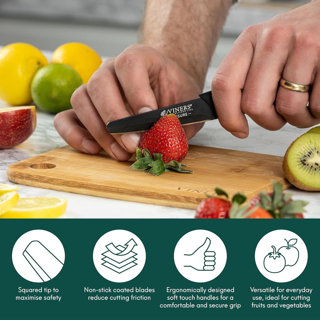 Assure 3.5” Paring Knife Stainless Steel Blade with Squared Tip for Safety, Soft Grip Handle, Non-Stick Coating, Rust-Resistant, Ideal for Cutting Fruit & Vegetables