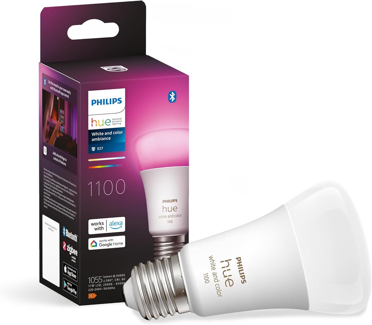 New White and Colour Ambiance Smart Light Bulb 75W - 1100 Lumen [E27 Edison Screw] with Bluetooth. Works with Alexa, Google Assistant and Apple Homekit.