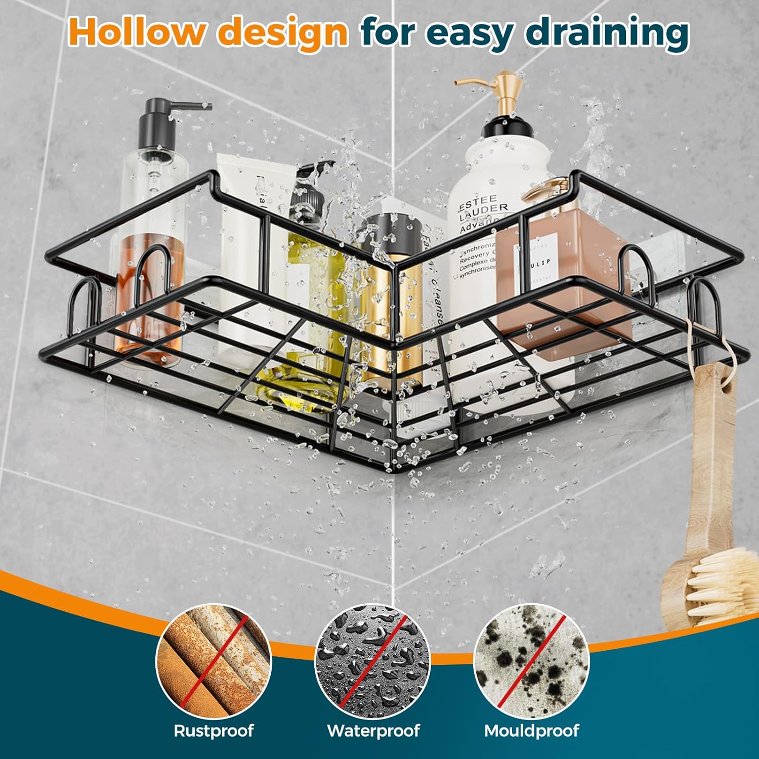 Vinabo Corner Shower Caddy, 2 Pack Rustproof Bathroom Shelves, Shower Shelf No Drilling, Adhesive Bathroom Organiser Accessory with Hooks, Black