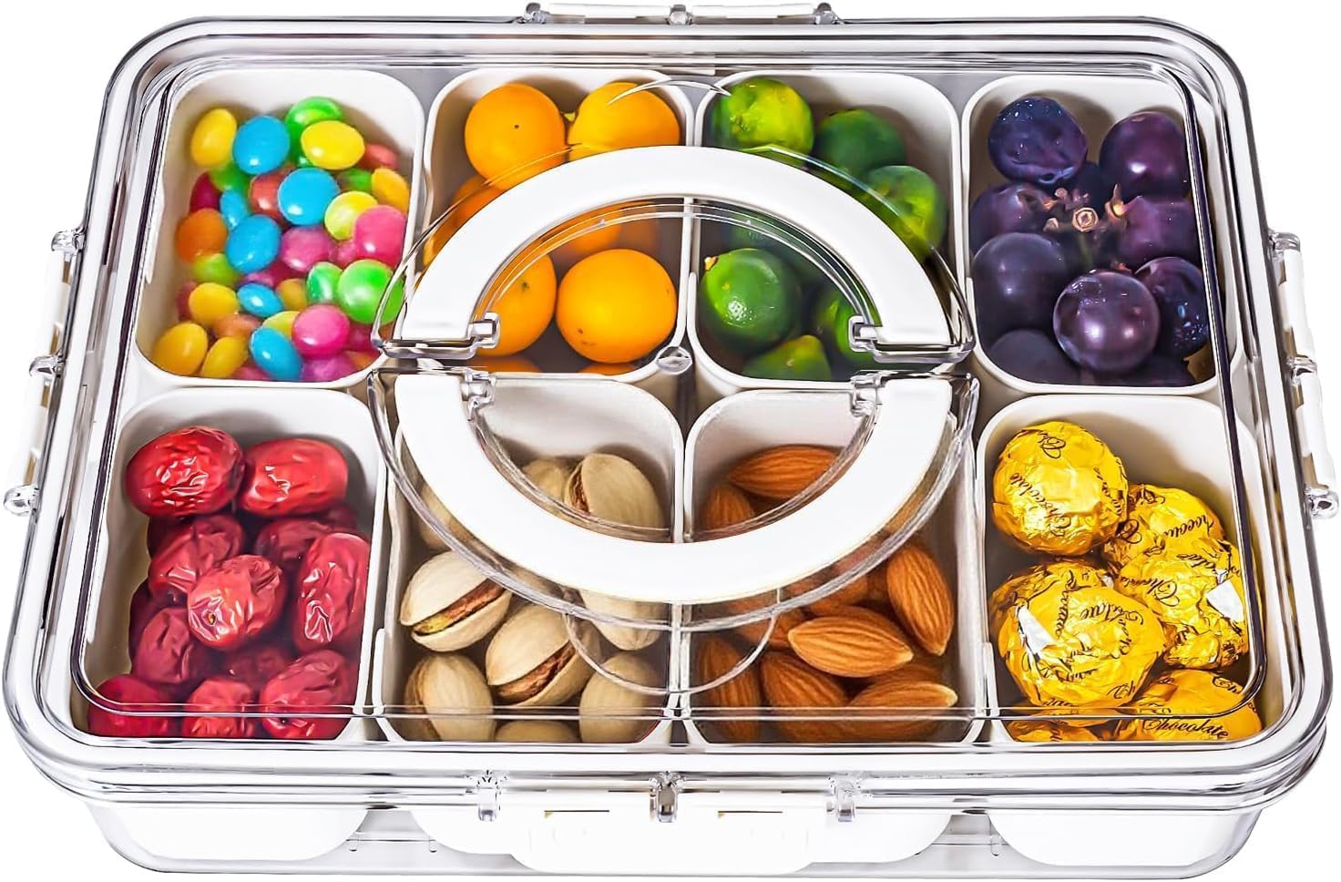 1 Pack Snackle Box, Divided Snack Tray with Lid and Handle, Tray 8 Removable Compartment Box, Reusable Snack Boxes for, Spices, Candy, Fruits, Nuts, Chips and Dip