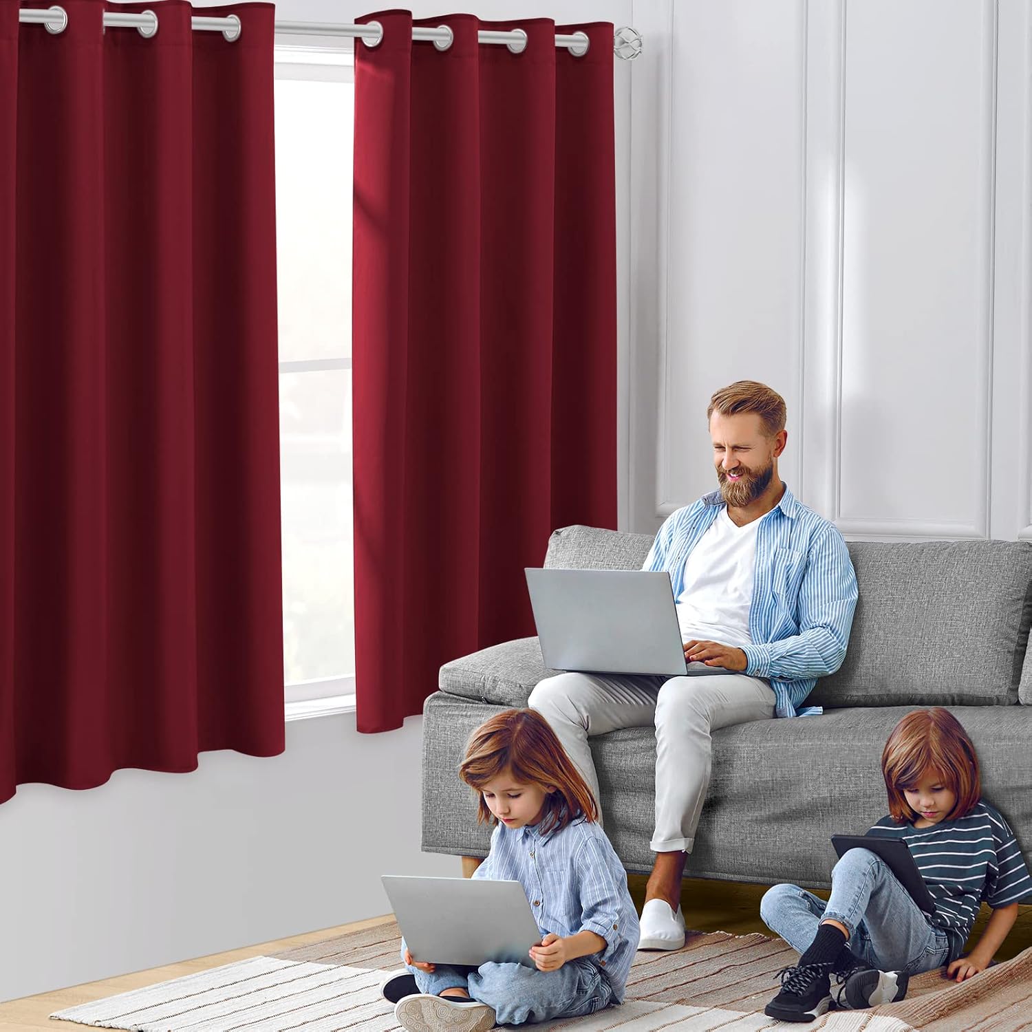 Burgundy Red Blackout Curtains 2 Panels 52 X 45 Inch Drop Room Darkening Eyelet Curtains for Bedroom, Thermal Insulated Light Blocking Window Drapes