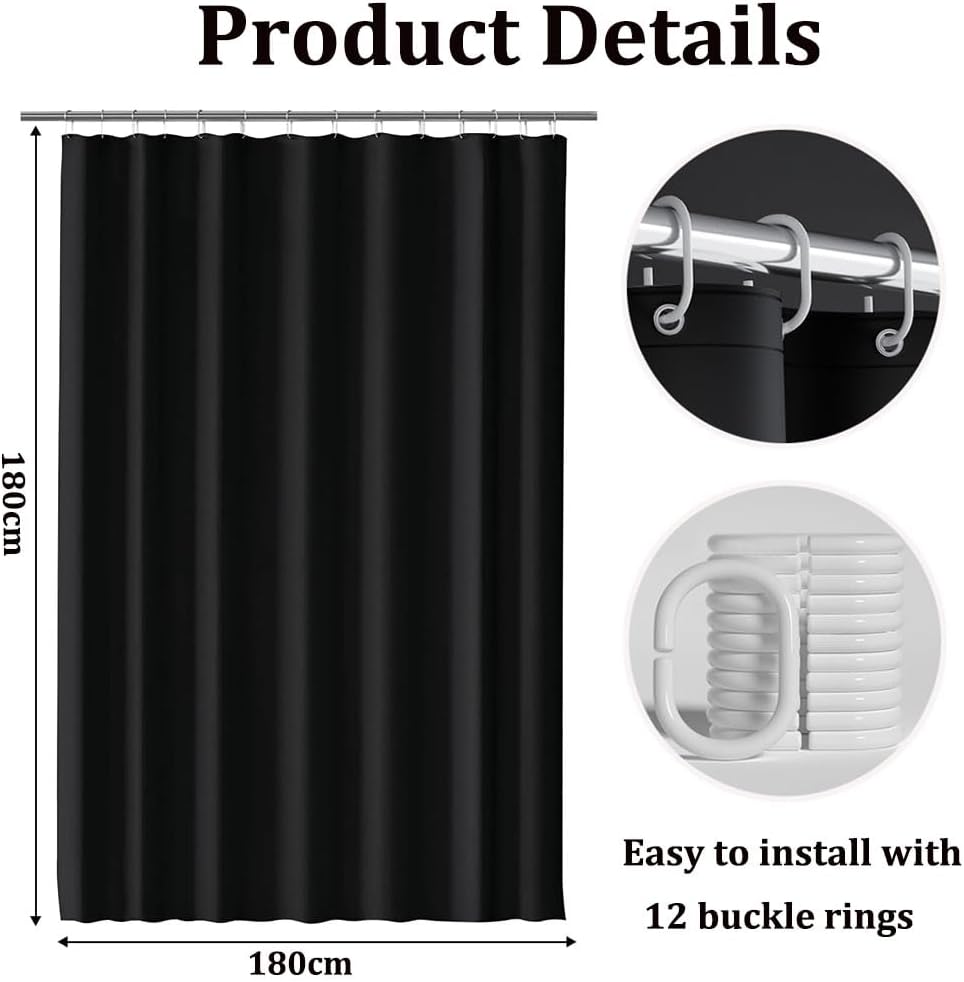 Shower Curtain for Bathroom, Water and Mould Resistant PEVA Bathroom Curtain with Grommets & 12 Hooks, Machine Washable, 180 x 180 cm (71 x 71 Inch), Black