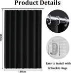 Shower Curtain for Bathroom, Water and Mould Resistant PEVA Bathroom Curtain with Grommets & 12 Hooks, Machine Washable, 180 x 180 cm (71 x 71 Inch), Black