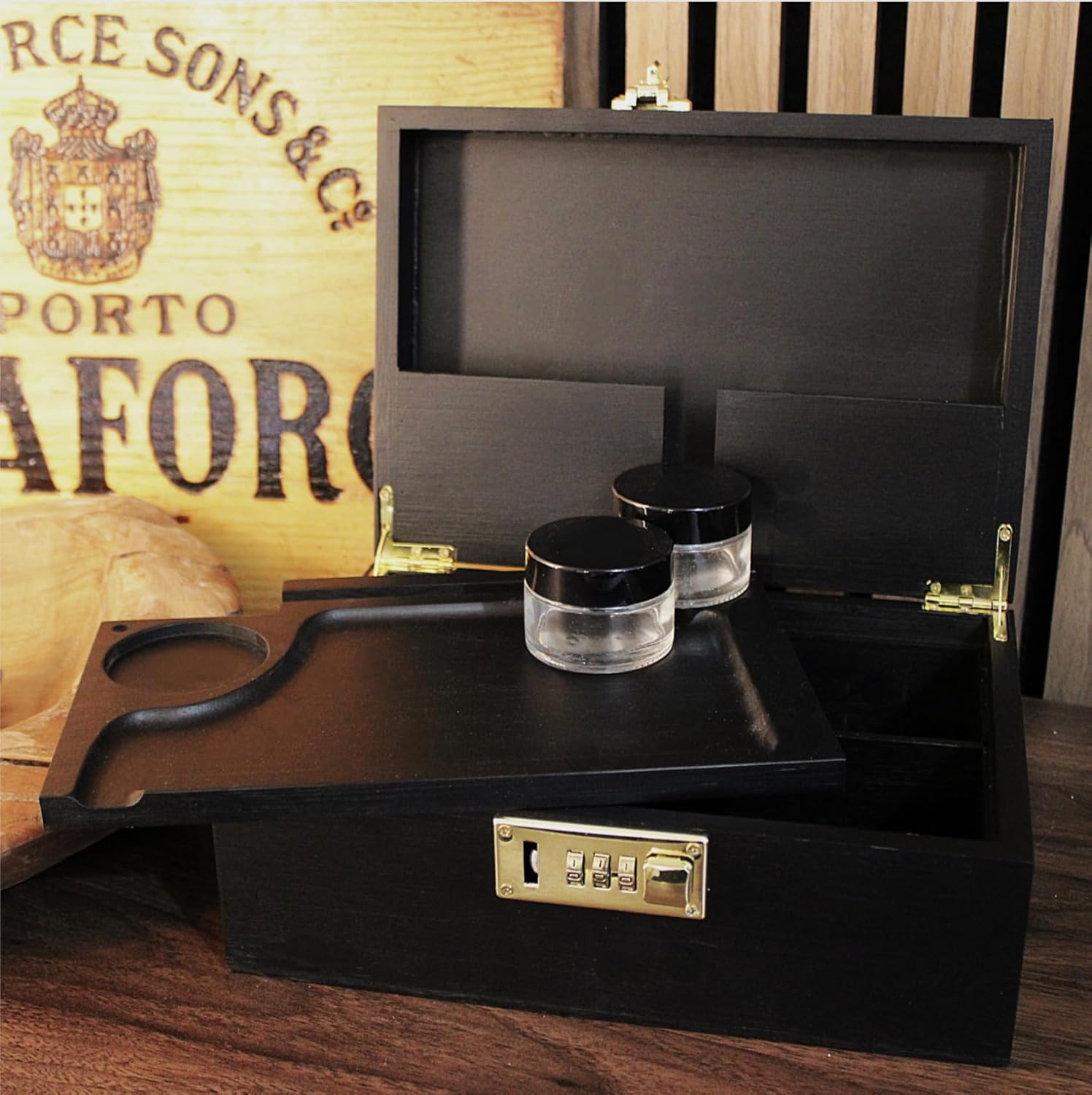 Large Bamboo Wooden Stash Box with combination Lock, Rolling Tray and Glass Storage Jars - Wood Storage Rolling Set with Lock and Smoking Accessories Kit (Black Wooden Stash Box)