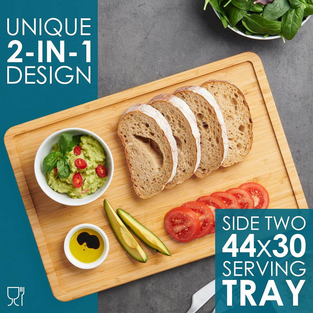 Premium Organic 2-in-1 Extra-Large Wooden Chopping Board & Serving Tray – 44x30x2cm – Multi-Purpose Bamboo Cutting Board with Juice Groove for Carving Meat, Vegetables, Cheese and Bread – by LARHN