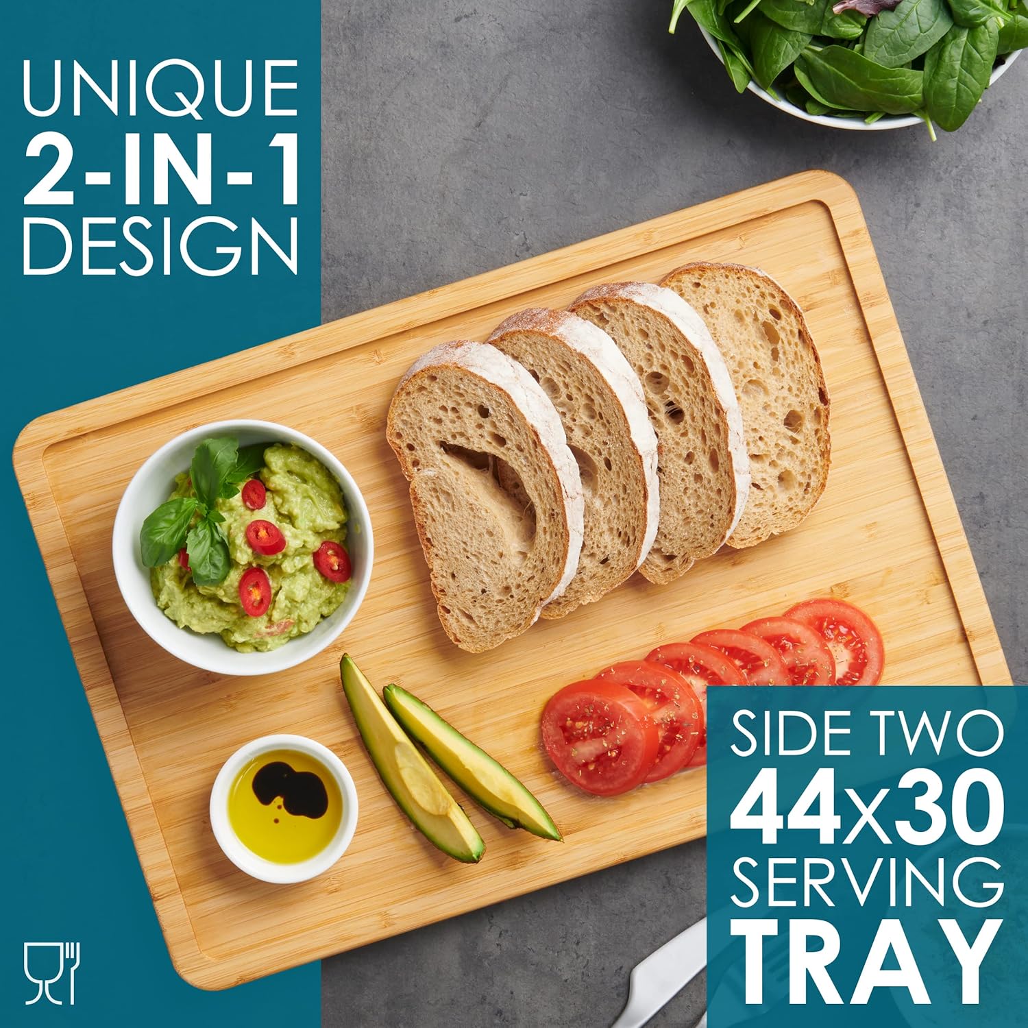 Premium Organic 2-in-1 Extra-Large Wooden Chopping Board & Serving Tray – 44x30x2cm – Multi-Purpose Bamboo Cutting Board with Juice Groove for Carving Meat, Vegetables, Cheese and Bread – by LARHN