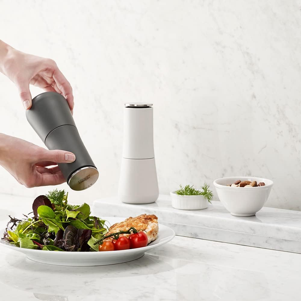 Milltop Non-Spill Salt and Pepper Mill Set Refillable with Ceramic Grinding, White/Grey, 24