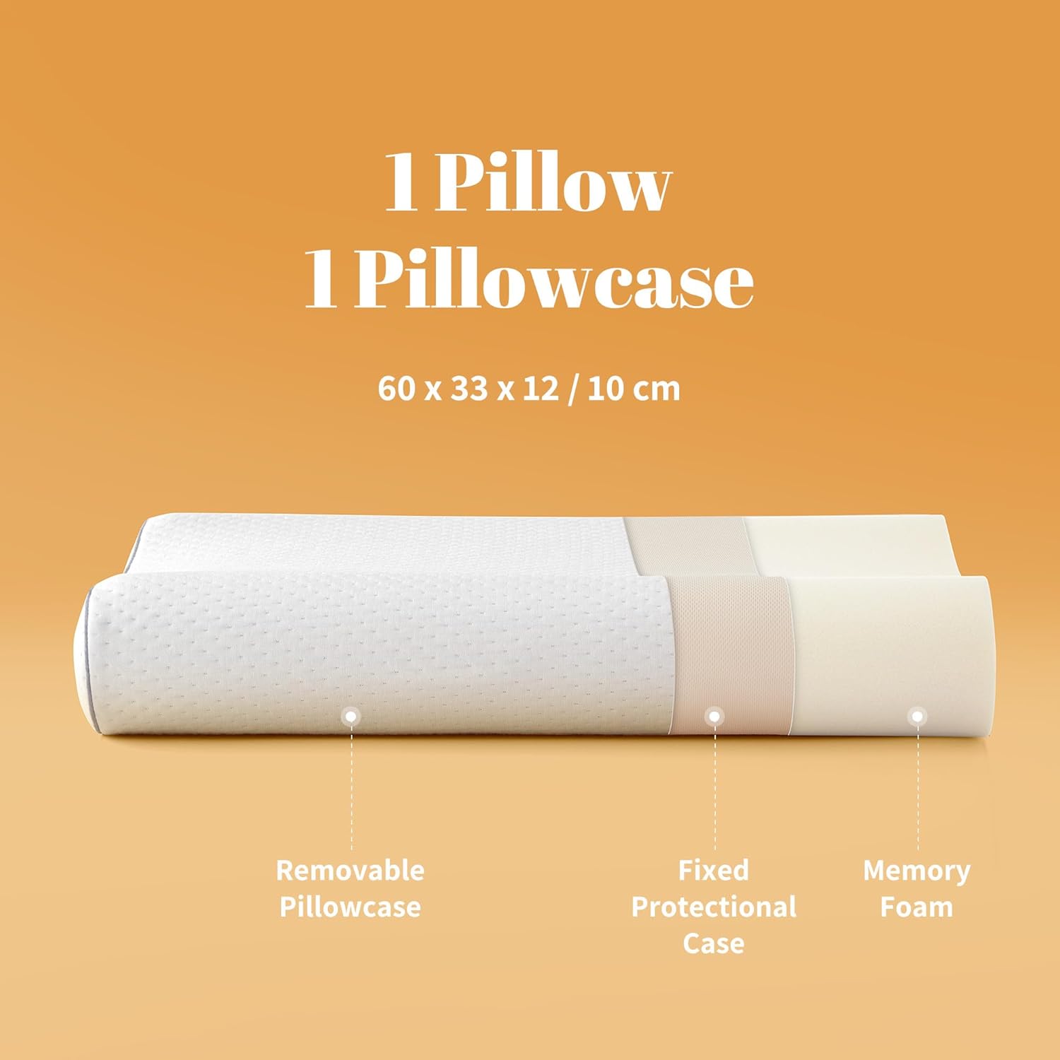 Contour Memory Foam Pillow Ergonomic Head Neck Support Pillows, Bed Pillow with 30% bamboo + 70% polyester Cover, for Side, Back, Stomach Sleepers, White 60×33×12/10cm