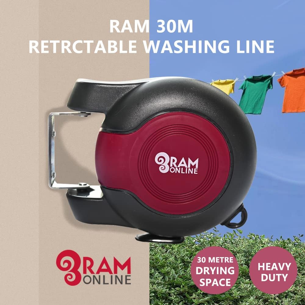 Ram® 30 metre Retractable Reel Clothes Lines Washing Line with Twin Cable - Wall Mounted Heavy Duty Clothes Dryer 2 x 15m Lines of Drying Space, Burgundy