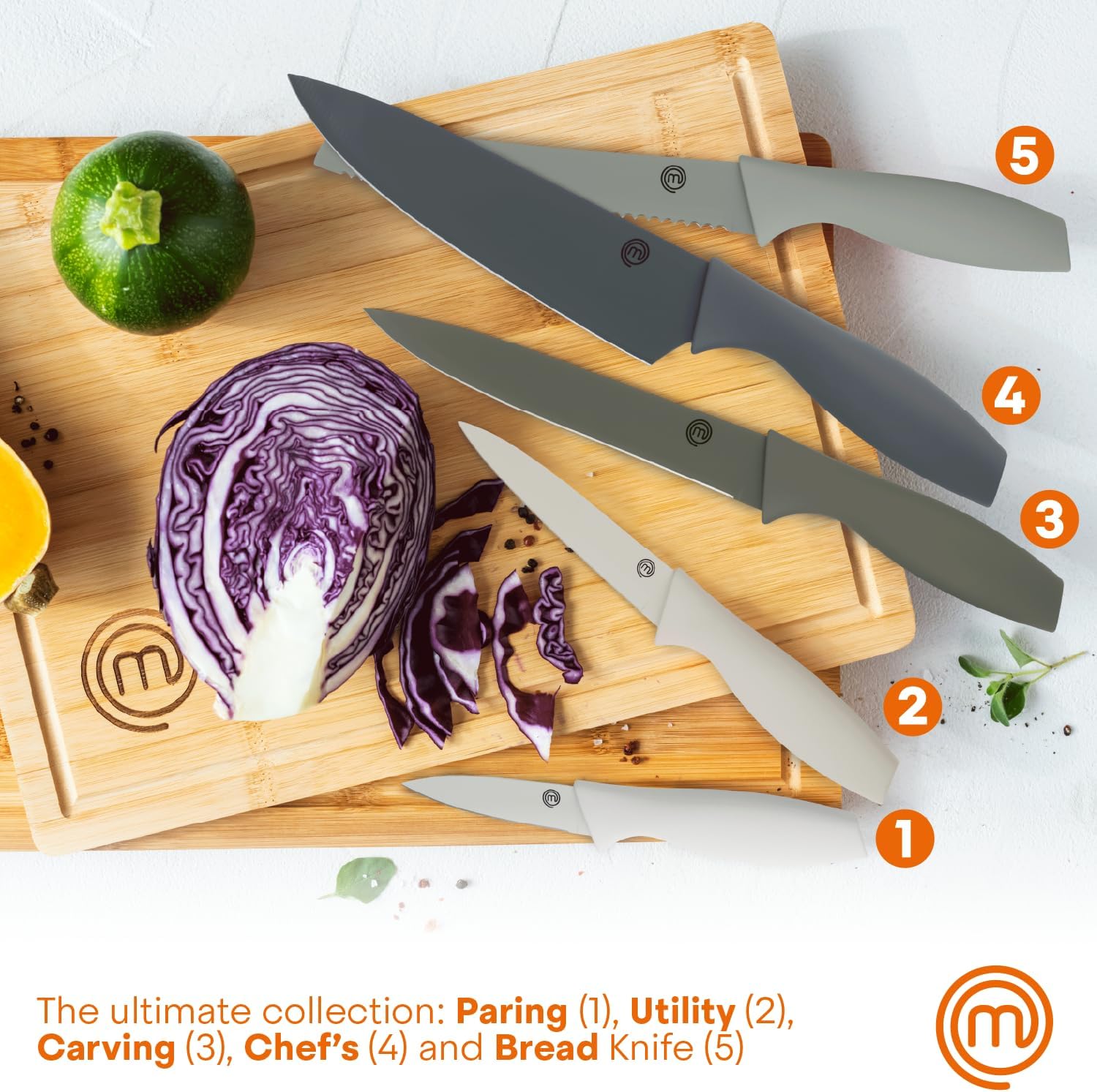 Knife Set with Block, 5 Kitchen Knives with Sharp Stainless Steel Blades (Chef, Paring, Utility, Carving, Bread) Soft Touch Easy Grip Handles & Universal Knife Holder, Earth Greys