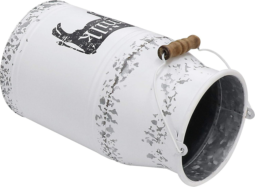 Metal Big Cow Galvanized Milk Can with Wooden Handle, Rustic White Farmhouse Vase Planter, Primitive Decorative Flower Holder for Home Wedding Table Centerpiece Decor Large - 11"
