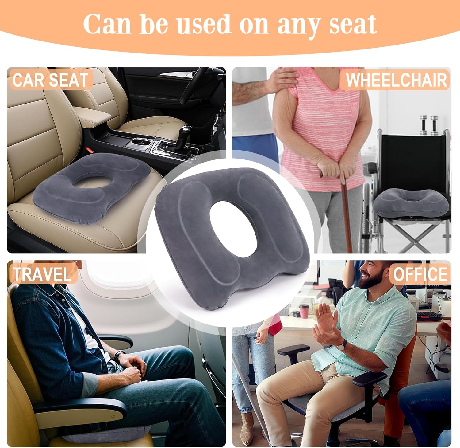 Inflatable Hemorrhoid Pillows, Donut Pillow for Tailbone Pain, Adjustable Inflatable Seat Cushion for Bed Sores, Postpartum Pregnancy, Car Seat, Airplane, 17.7'' x 15.4'' x 4.3''(Grey)