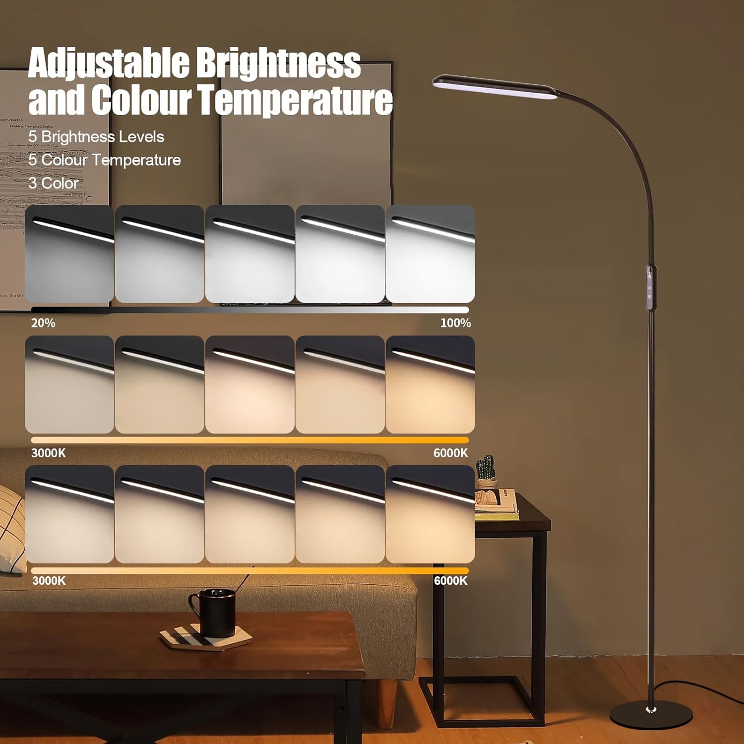 LED Floor Lamp, Reading Standing Lamps with Touch Control for Living Room, Bedroom, Dimmable Standing Lamp with 5 Color Temperature & 5 Brightness Levels, Gooseneck Height Adjustable, Black Secondary image