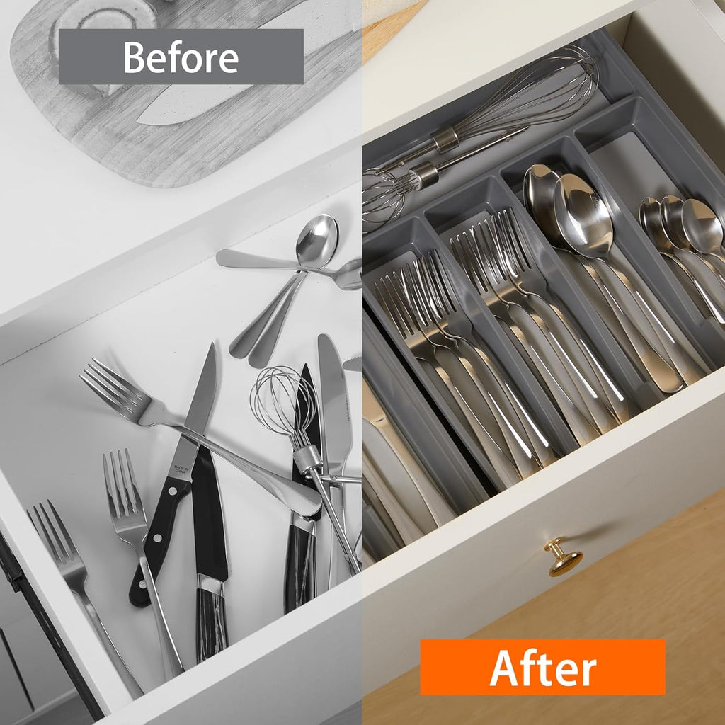 5-Compartment Cutlery Drawer Organiser, Plastic Cutlery Tray for Kitchen Utensil Storage, BPA Free & Non-Slip, Drawer Organiser with Dedicated Sections for Spoons, Forks, Knives(Grey)