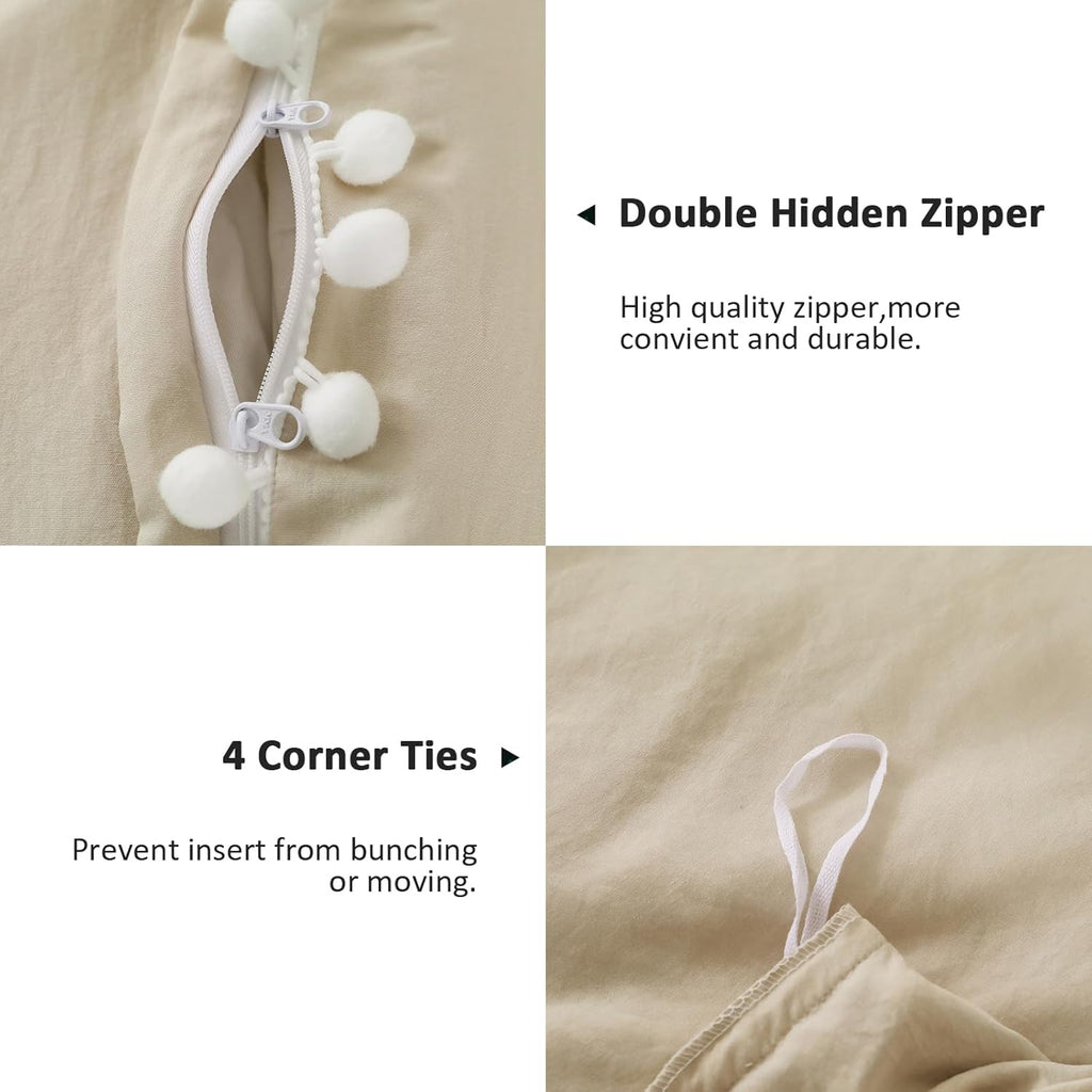 Beige and White Duvet Cover King Size Pom Pom Tassels Bedding Cover Soft Microfiber Bedding Set with Zipper Closure (220x230cm)