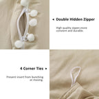 Beige and White Duvet Cover King Size Pom Pom Tassels Bedding Cover Soft Microfiber Bedding Set with Zipper Closure (220x230cm)