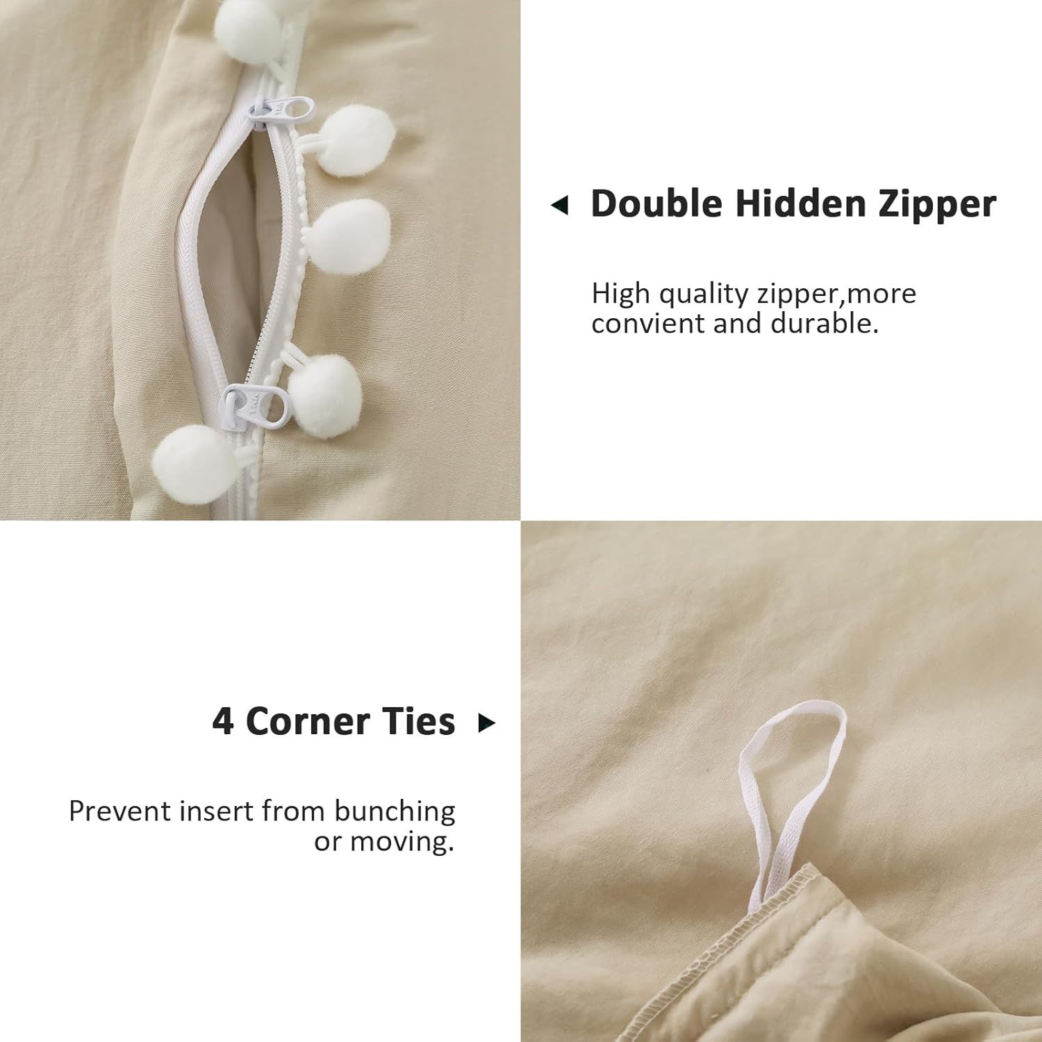 Beige and White Duvet Cover King Size Pom Pom Tassels Bedding Cover Soft Microfiber Bedding Set with Zipper Closure (220x230cm)