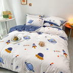 HAVOP 100% Cotton Duvet Cover Double Size Kids Boys Girls Cartoon Space Bedding Set Rocket Planet Stars Printed Quilt Cover Set White And Blue All Season Bedding Set, 200×200 cm