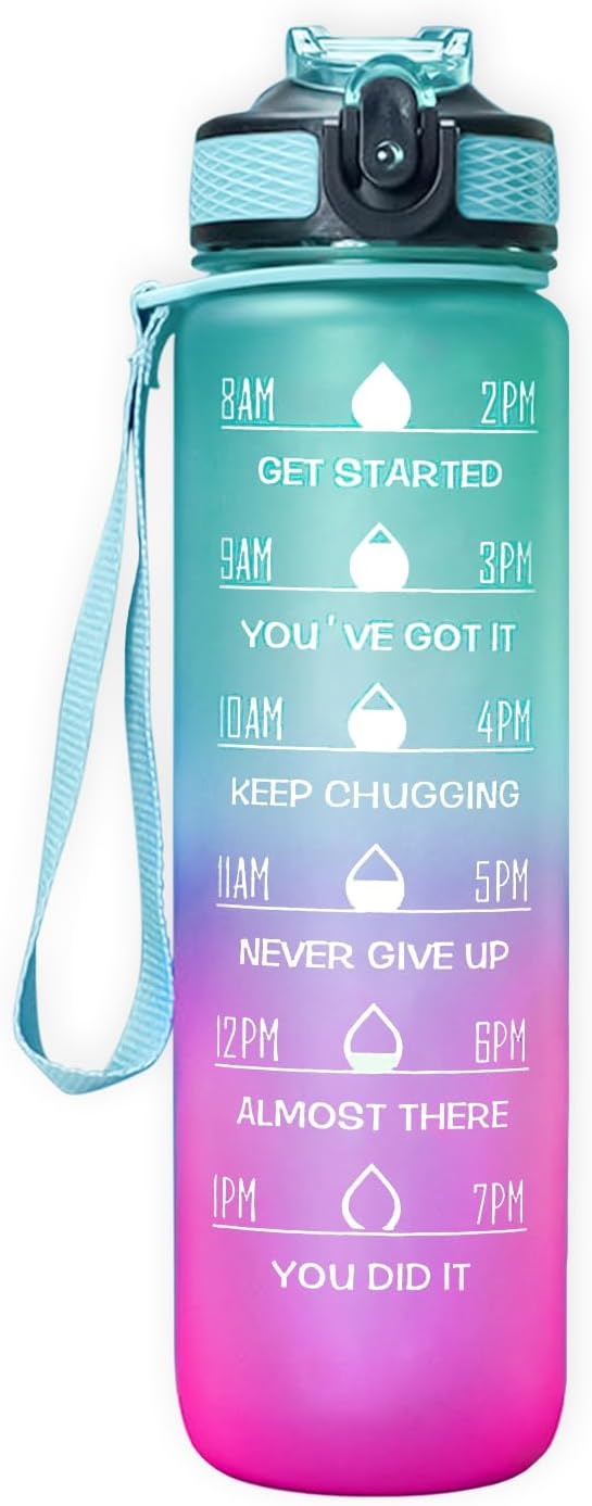 Sports Water Bottle with Straw – 1 Litre Leakproof Plastic Water Bottle for Fitness and On-the-Go - Motivational Time Marker Leak-Proof Tritan BPA-Free (Green-Pink)
