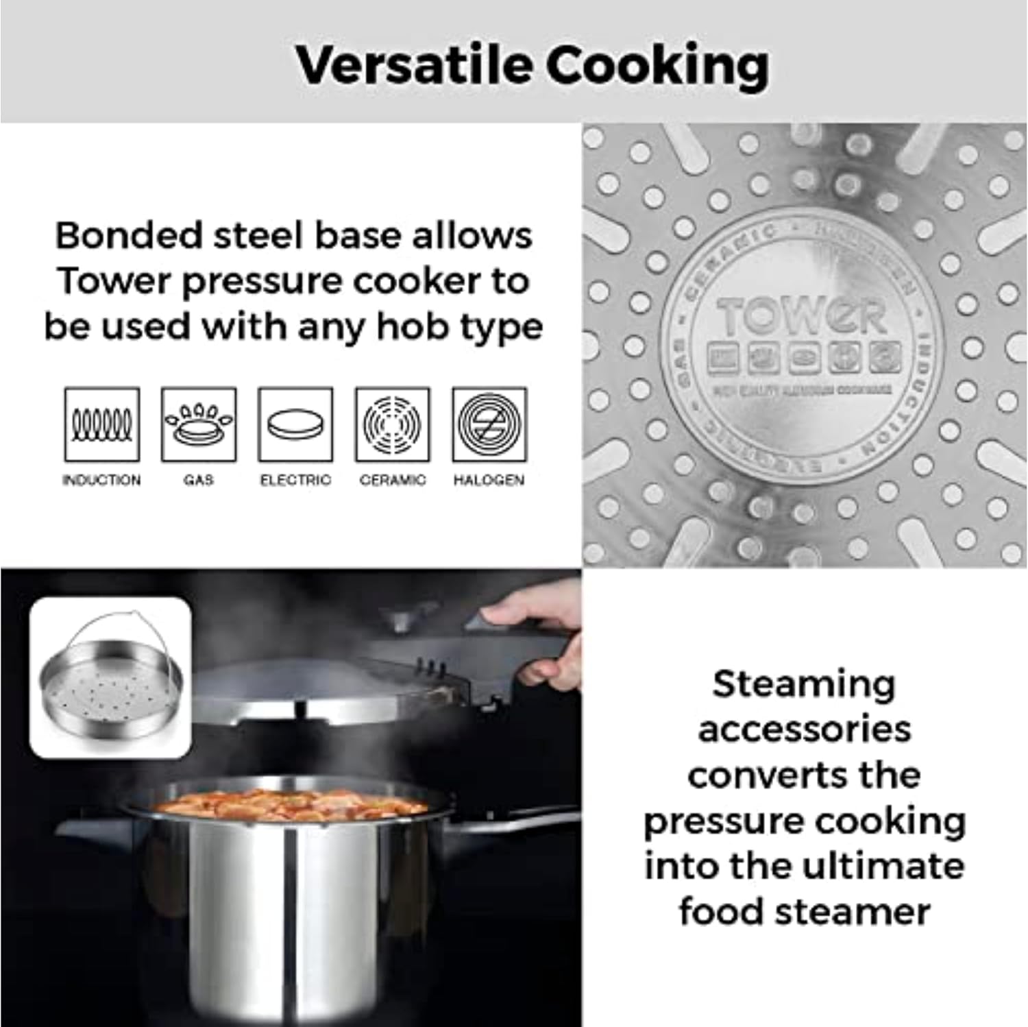 T80244 6L/22cm Pressure Cooker with Steamer Basket, Stainless Steel, Silver