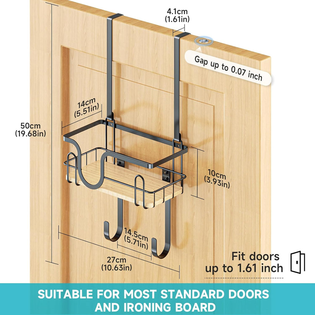 Wall Mount/Over The Door Ironing Board Hanger with Large Storage Basket & Removable Hooks, Iron and Ironing Board Holder Storage for Laundry Room (Black)