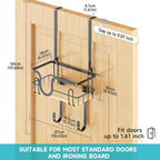 Wall Mount/Over The Door Ironing Board Hanger with Large Storage Basket & Removable Hooks, Iron and Ironing Board Holder Storage for Laundry Room (Black)