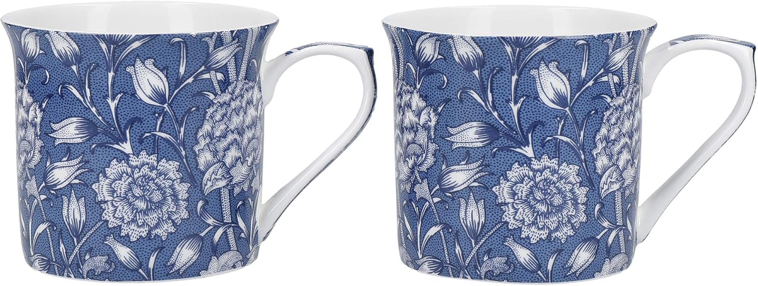 Coffee and Tea Mugs, Porcelain Bone China Mug, William Morris Wild Tulip Design, 300ml, Set of 2, Gift Boxed
