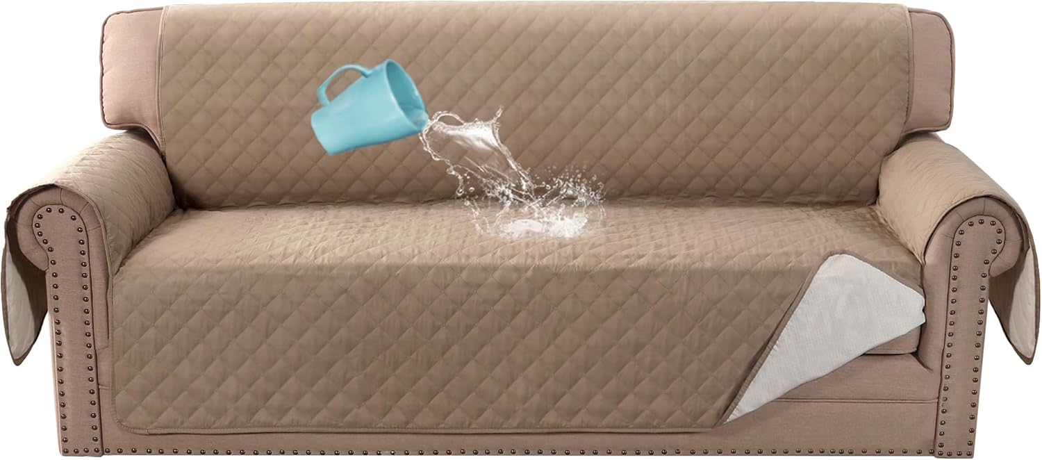 Sofa Cover 100% Waterproof Sofa Cover 3 seater Sofa Slipcovers Triple Non-Slip Couch Covers 3 Seater Washable Sofa Protector with Elastic Strap for Kids/Pets (Sofa 70", Khaki) Main image