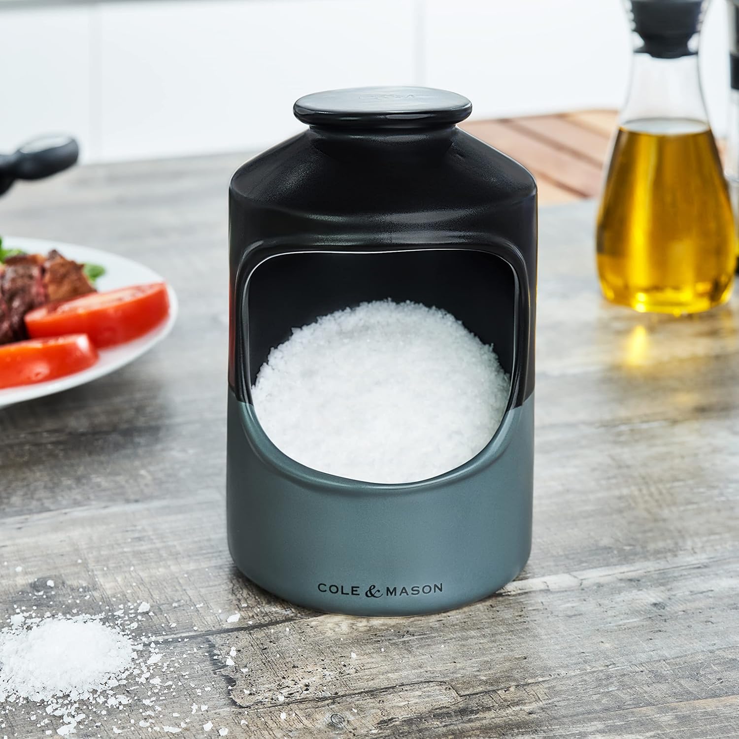 Strethall Black/Grey Salt Pig, Kitchen Organisation, Seasoning Storage Pot/Salt Cellar, Ceramic, (H) 163 mm x (D) 110 mm, Salt Not Included