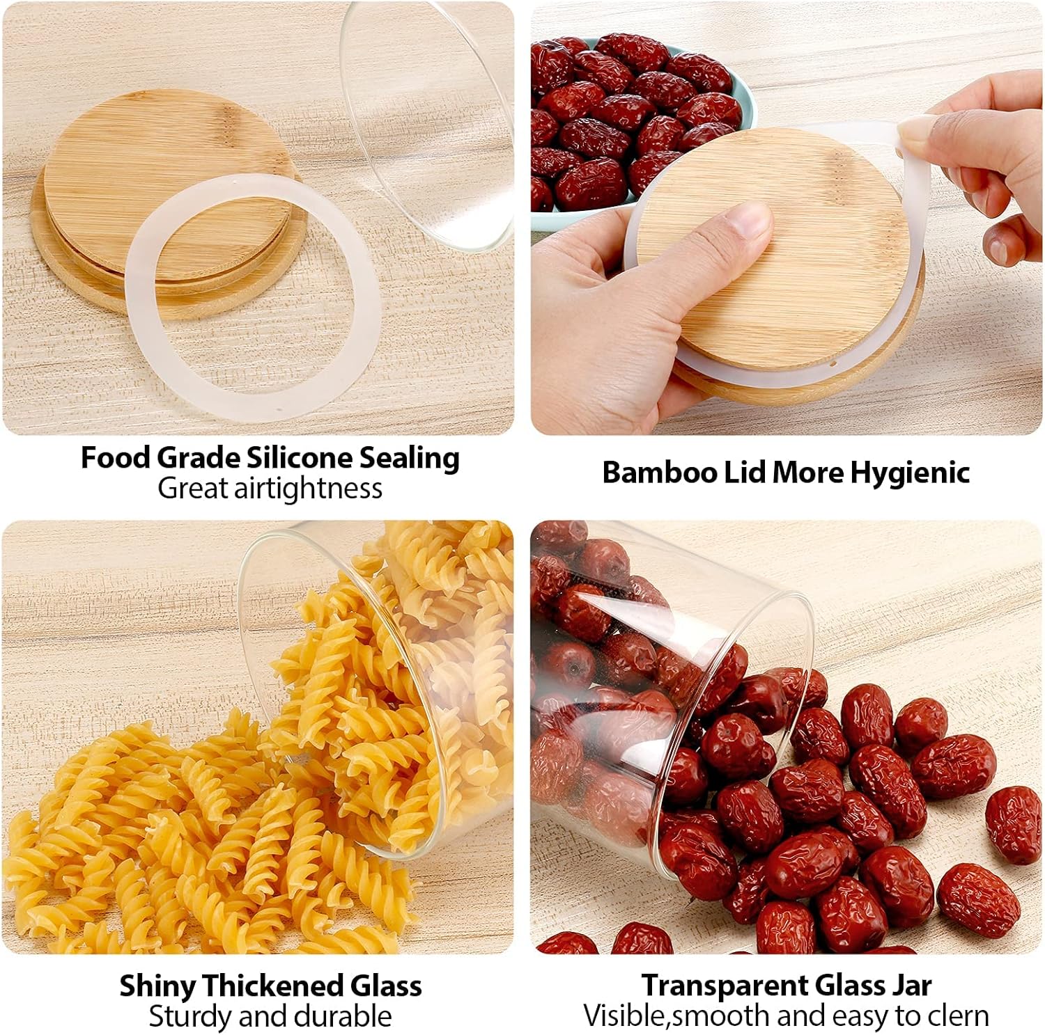 6 Set Glass Jars Set 260ml, 9oz Spice Jars Food Cereal Storage Container with Bamboo Airtight Lids and Labels for Flour, Sugar, Coffee, Candy, Snack and More