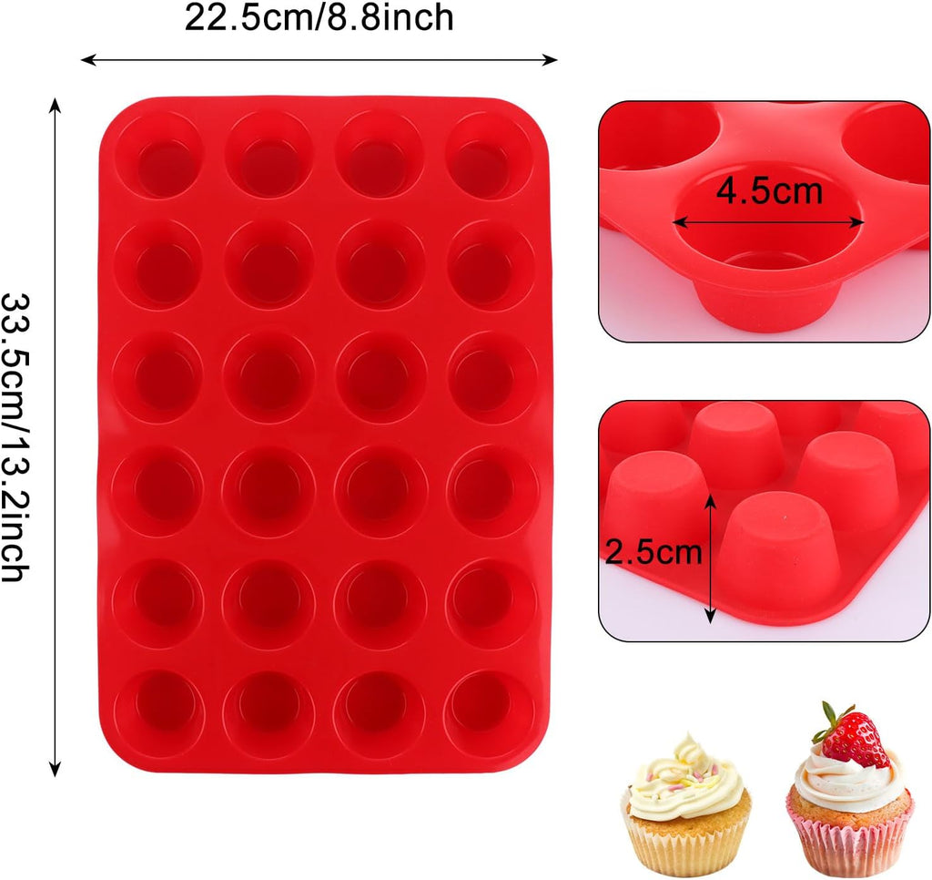 3 PCS Mini Muffin Tray 24 Cups, Silicone Muffins Pan Non-Stick Mini Cupcake Tray Reusable Muffin Baking Tray - 34 x 23 x 2.5cm - Red