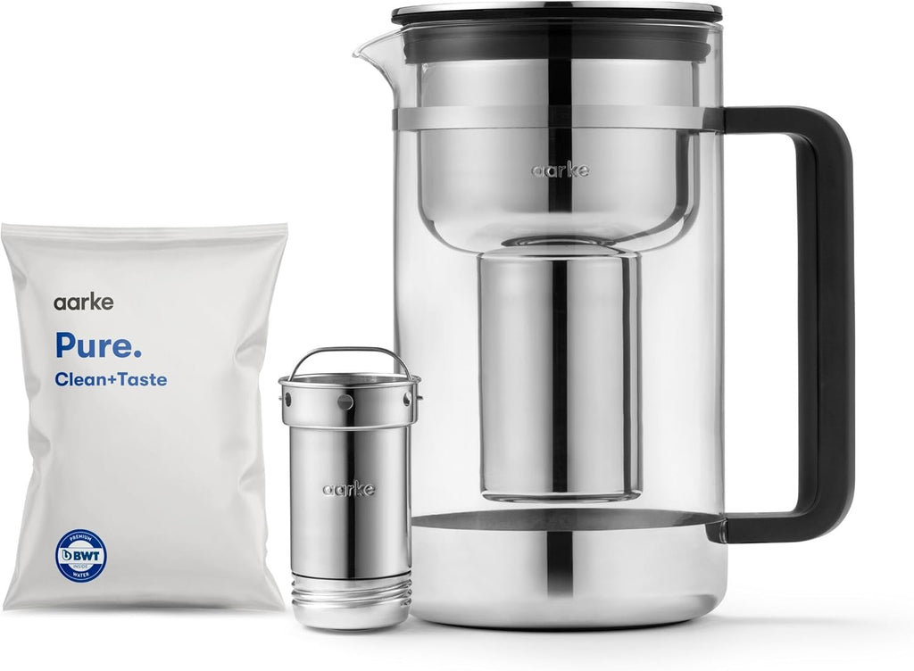Purifier Large, Water Filter Jug in Glass and Stainless Steel, 1.7L / 7 Cups, Includes Aarke Pure Filter Refill Bag