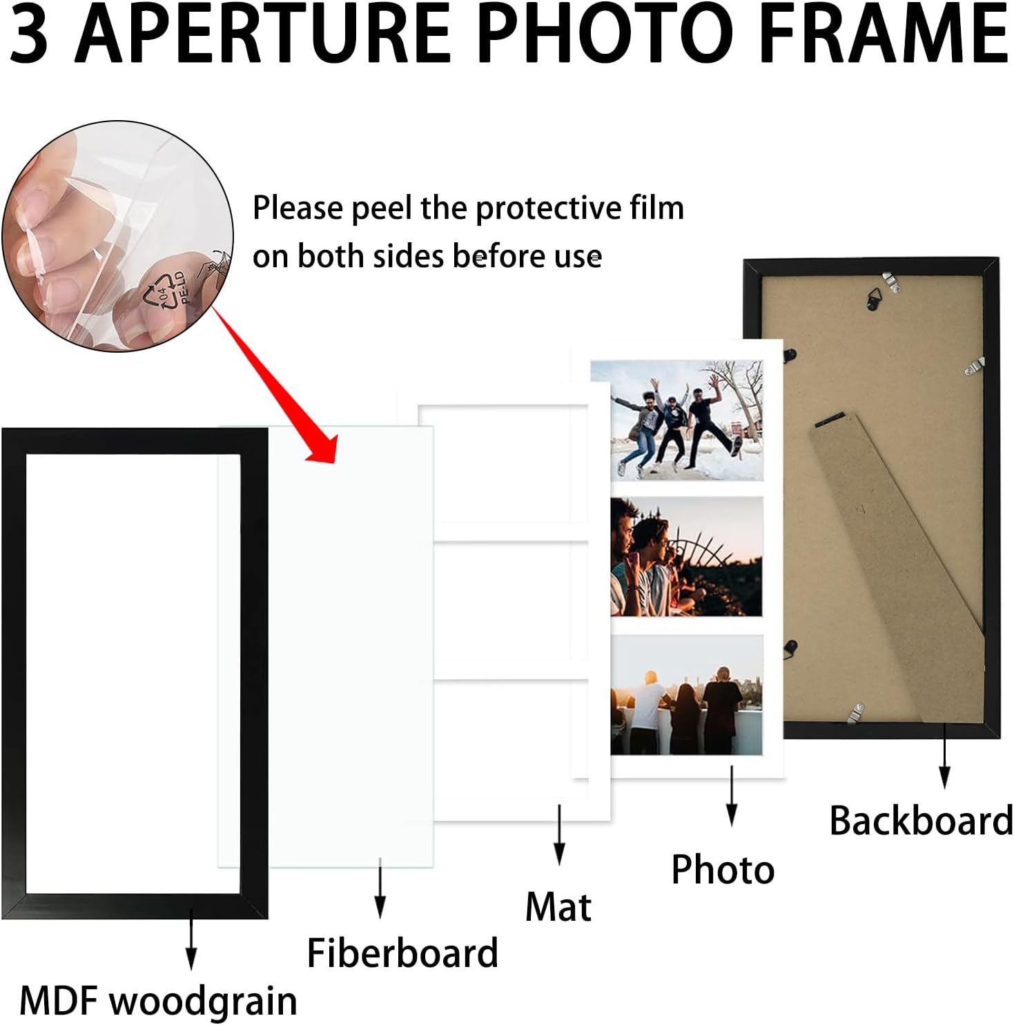 3 Aperture Photo Frame 6x4 Black with Mount, Multiple Picture Frames 6x4 for Tabletop Display and Wall Decoration
