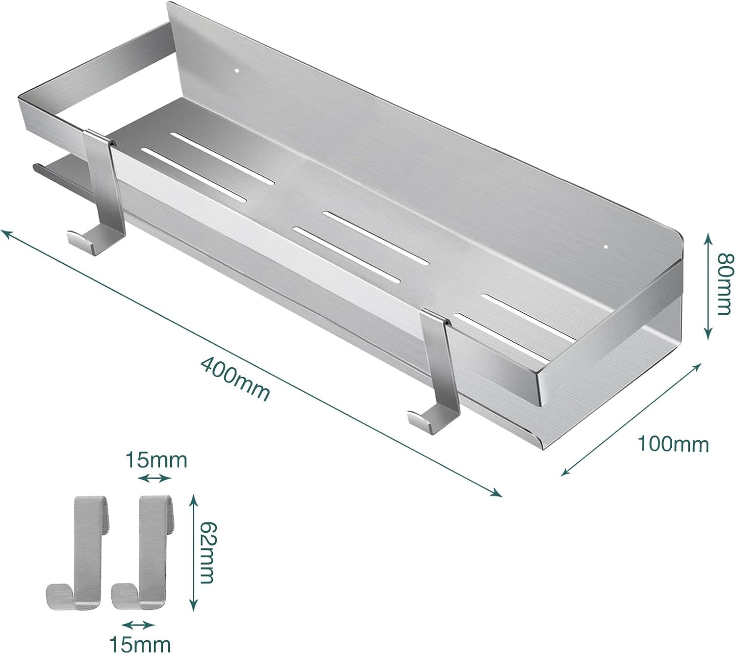 Shower Caddy,Bathroom Shelf Wall Mounted SUS 304 Stainless Steel Heavy Duty Shower Shelf With 2 pcs Hooks（Brushed Silver 15.8 Inch） Secondary image