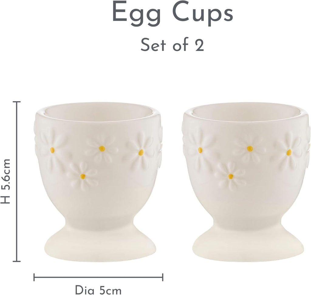 Daisy Set of 2 Egg Cups | Ceramic Egg Holders with Embossed Daisy Design | Dishwasher & Microwave Safe