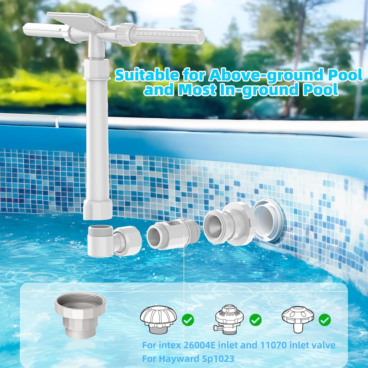Pool Fountain for Above and In-Ground Pools, XJUGEZ 360° adjustable Dual Mode Waterfall pool sprinkler fountain, pressure and height adjustable pool accessories for ground pools, multi-size interfaces